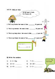 English worksheet: numbers, shes and hes