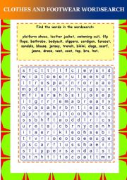 Clothes and footwear wordsearch