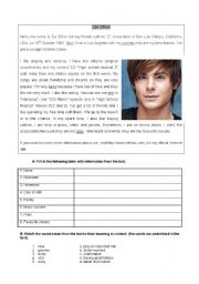 English Worksheet: Meet Zac Efron from HIGH SCHOOL MUSICAL-reading tasks