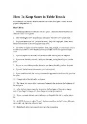 English Worksheet: How To Keep Score in Table Tennis 