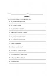 English worksheet: using the verb to be