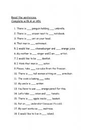 English Worksheet: A or An