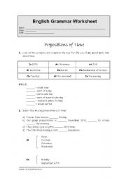 English worksheet: Prepositions of time, Possessive and relative pronouns