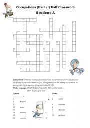 English Worksheet: Half Crossword Jobs (Harder) Pair Work