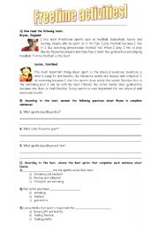 English Worksheet: freetime activities. Text and comprehension exercises
