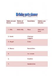 English Worksheet: party planner