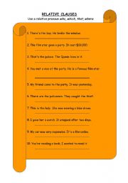 English Worksheet: Relative Clauses who- which- where