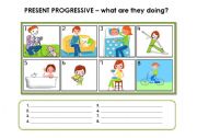 English Worksheet: Present progressive - What are they doing?