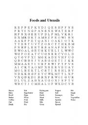 English Worksheet: Food and Utensil Word Search