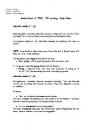 Worksheet for ED ING adjectives