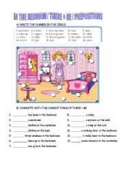 English Worksheet: IN THE BEDROOM /there + be / prepositions
