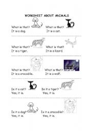 English Worksheet: Animals: tiger, crocodile,cat,dog, wolf,lizard