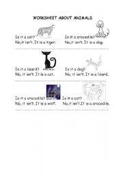 English worksheet: animals, asking questions  with Is it ........?