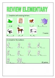 English Worksheet: test for kids (animals, numbers, colours) 2 pages