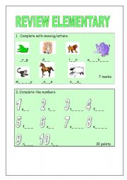 English worksheet: test for kids (animals, numbers, colours) 2 pages