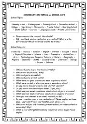 English Worksheet: conversation topics on school life