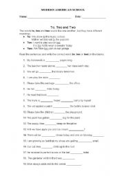 English Worksheet: to, too and two