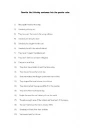 English Worksheet: Rewrite the following sentences into the passive voice.