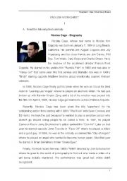 English Worksheet: English test - biography Nicholas Cage