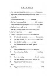 English Worksheet: FOR OR SINCE?