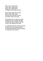 English Worksheet: Mary had a little lamb-  an exciting way to teach young learners past simple