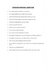 English Worksheet: Speaking Questions