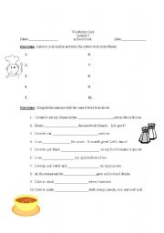 English Worksheet: Vocabulary Quiz, Kitchen words, dictation, Senses