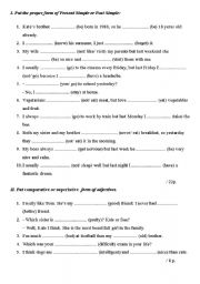 English Worksheet: Present Simple vs Past Simple, adjectives  (comparatives and superlative  forms)