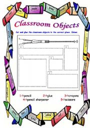 English Worksheet: Cut, glue and colour the classroom objects (part 1/2)