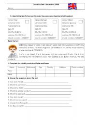 English Worksheet: Formative test - Personal Identification - Reading Comprehension - verb to be
