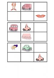 English worksheet: Bingo - transport and body (preschool)