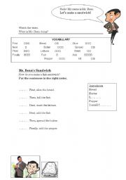 English Worksheet: Mr Beans Sandwich - Recipes & Sequence