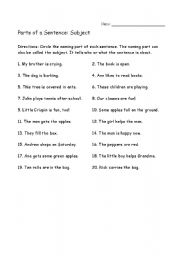 English worksheet: Parts of a Sentence: Subject