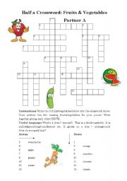 English Worksheet: Half a Crossword: Fruits & Vegetables (Pairwork)