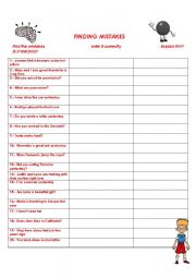 English worksheet: FINDING MISTAKES (SIMPLE PRESENT, PAST, PRESENT PERFECT, PAST CONTINUOUS