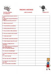 English Worksheet: FINDING MISTAKES (SIMPLE PRESENT, PAST, PRESENT PERFECT, PAST CONTINUOUS