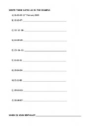English worksheet: WRITE THE DATES AND PRACTICE ORDINAL NUMBERS AND MONTHS