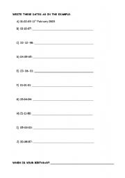 English Worksheet: WRITE THE DATES AND PRACTICE ORDINAL NUMBERS AND MONTHS