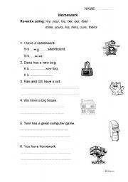 English worksheet: possessive adjective and pronoun practice