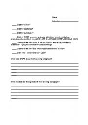 English Worksheet: Peer Paragraph Checklist