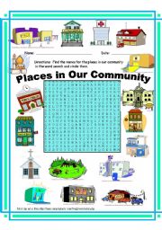 English Worksheet: Places in Our Community WordSearch