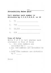 English Worksheet: Divisibility Rules Worksheet/Quiz