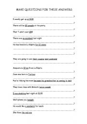 English Worksheet: Make questions for these answers