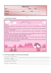 English Worksheet: Test - Hello Kittys Family