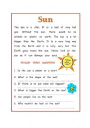 English Worksheet: Reading Comprehension Sun