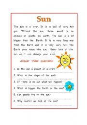 Reading Prehension ´Sun´ ESL Worksheet By Shaba