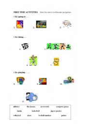English worksheet: free time activities with pictures and using I like playing, I like doing, I like going