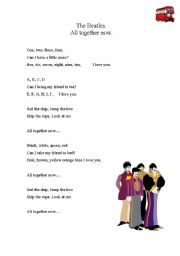 English Worksheet: The Beatles All together now. Numbers, actions, colours and alphabet.