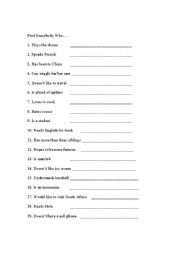 English Worksheet: Find Somebody Who...