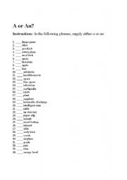 English Worksheet: A vs. An